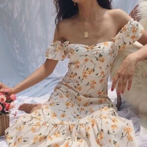 Reformation Dress Butterfly Floral Ruffle Off-Shoulder Midi Limonada 2 EUC